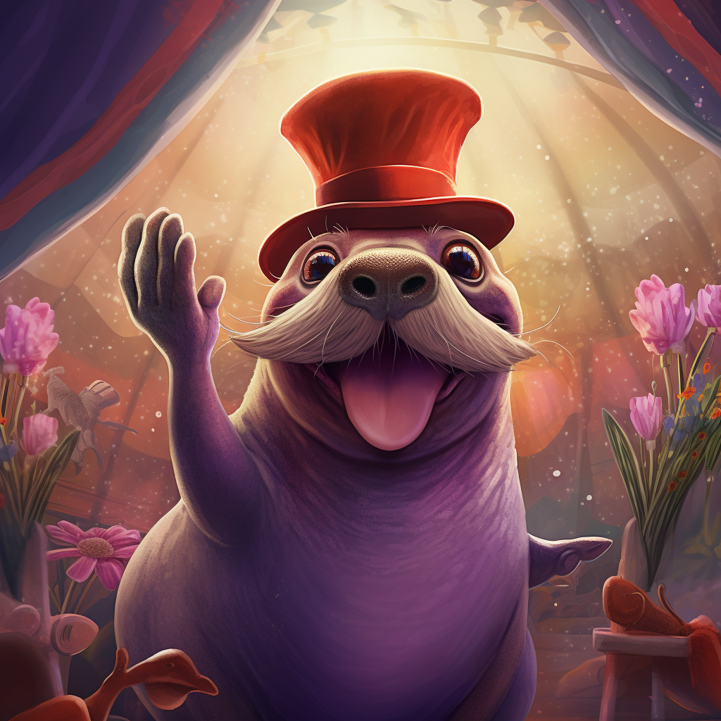 purple cartoon walrus with top hat smiling at you